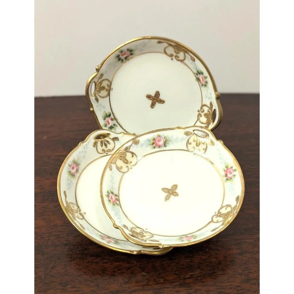Vintage Hand Painted Nippon Butter Pats Set of 3 Pink Rose Gold Gilt Porcelain
